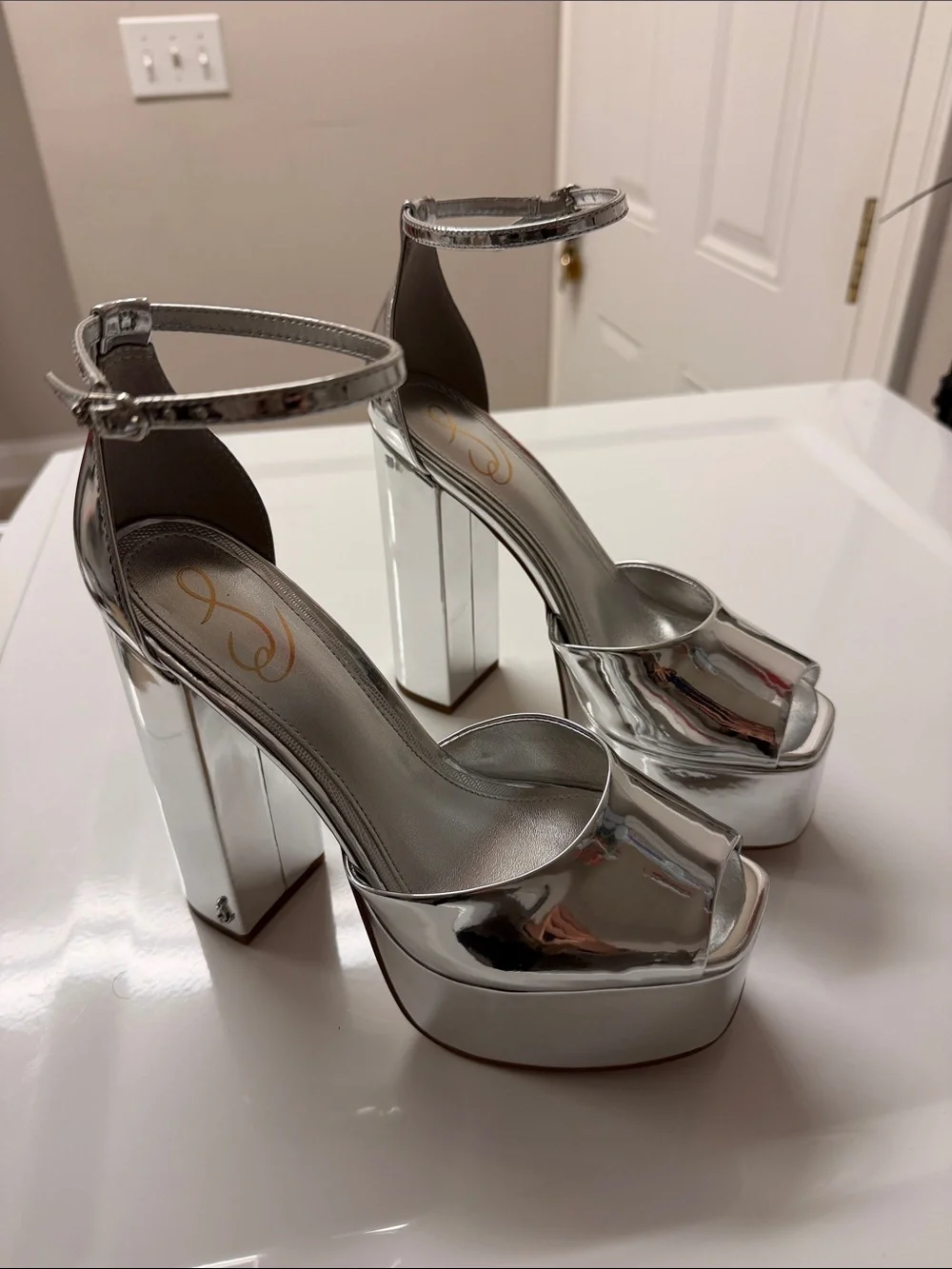 Women's Sam Edelman Silver Metallic Kori Platform PeepToe Heels with Ankle Strap